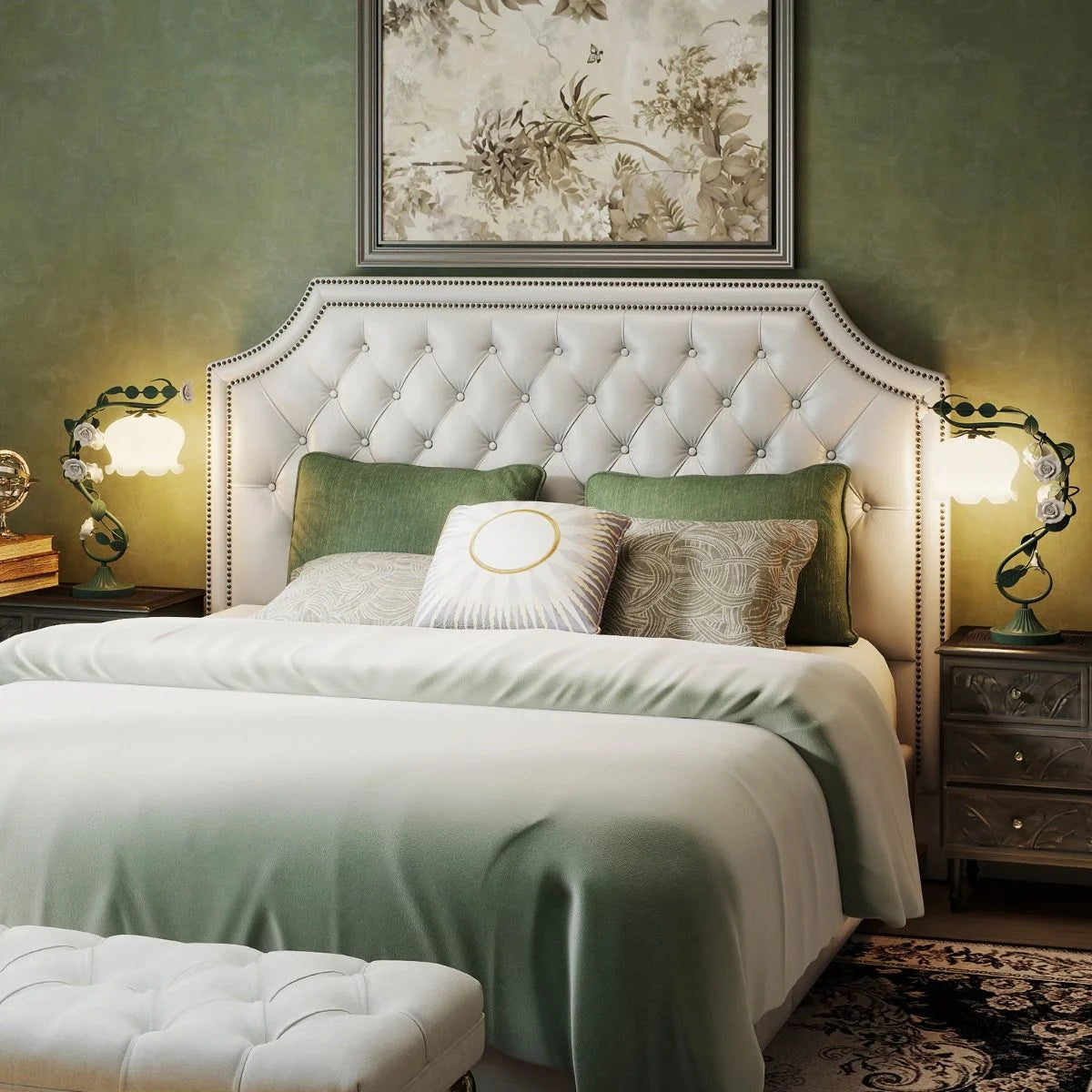 Vintage Nightstand Lamp with 6 Ceramic Roses and Metal Leaves