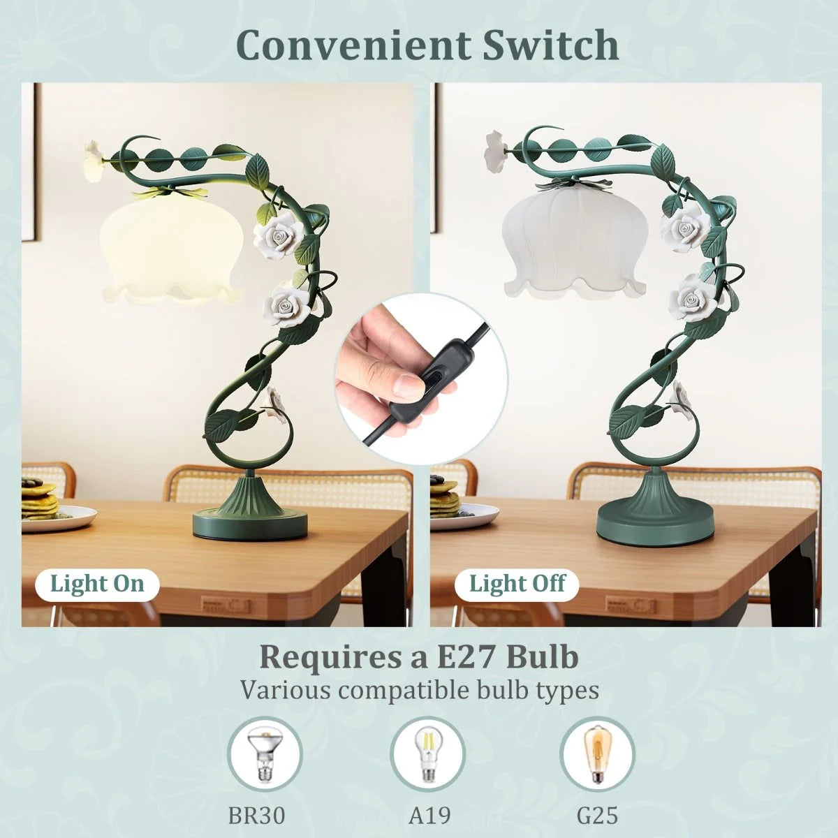 Vintage Nightstand Lamp with 6 Ceramic Roses and Metal Leaves