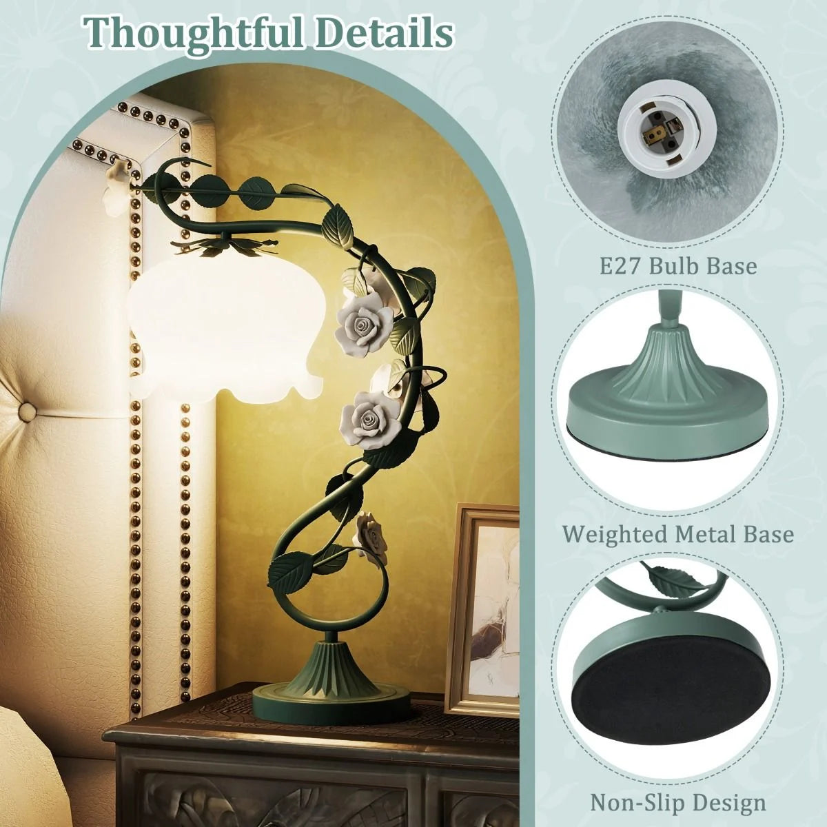 Vintage Nightstand Lamp with 6 Ceramic Roses and Metal Leaves