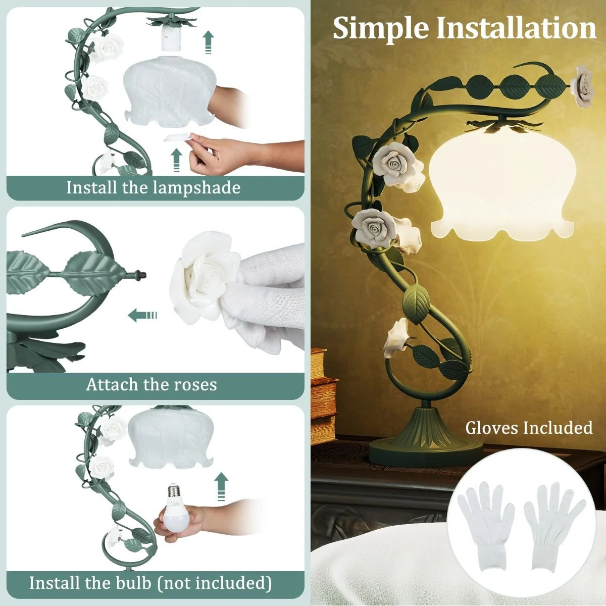 Vintage Nightstand Lamp with 6 Ceramic Roses and Metal Leaves