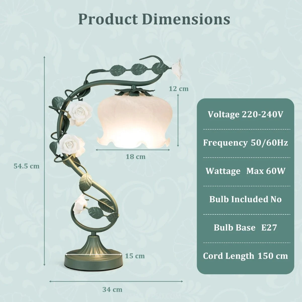 Vintage Nightstand Lamp with 6 Ceramic Roses and Metal Leaves