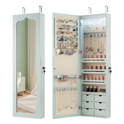 Wall & Door Mounted Jewellery Cabinet, 5 LED Lighted Lockable Jewelry Armoire with Full-Length Mirror