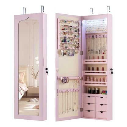 Wall & Door Mounted Jewellery Cabinet, 5 LED Lighted Lockable Jewelry Armoire with Full-Length Mirror