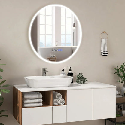 LED Bathroom Mirror with 3-Color Dimmable Lights, Time and Temp Display