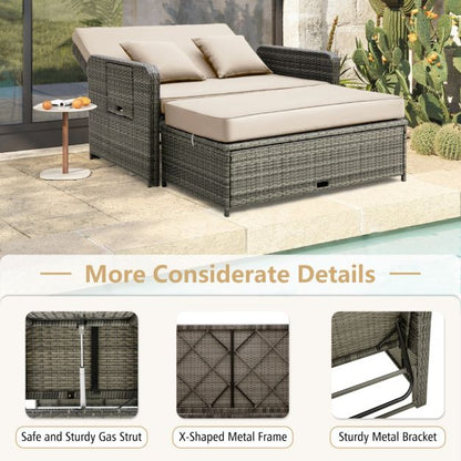 Patio Rattan Daybed Set with Multipurpose Ottoman and Retractable Side Tray