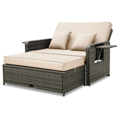 Patio Rattan Daybed Set with Multipurpose Ottoman and Retractable Side Tray