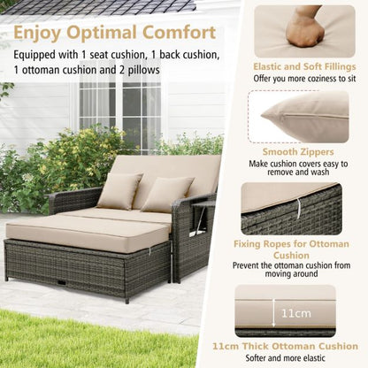 Patio Rattan Daybed Set with Multipurpose Ottoman and Retractable Side Tray