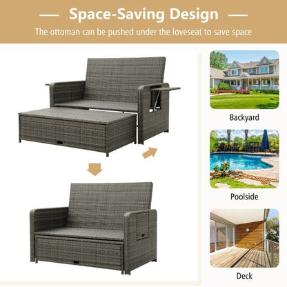 Patio Rattan Daybed Set with Multipurpose Ottoman and Retractable Side Tray