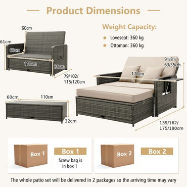 Patio Rattan Daybed Set with Multipurpose Ottoman and Retractable Side Tray