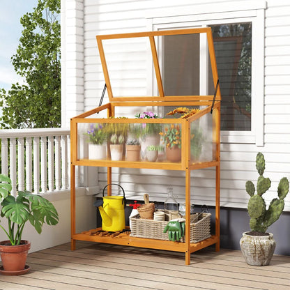 Wood Cold Frame Greenhouse with Slatted Storage Shelf