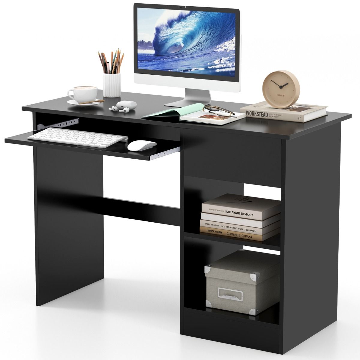 Wooden Computer Desk with Pull-out Keyboard Tray and Adjustable Storage Shelves