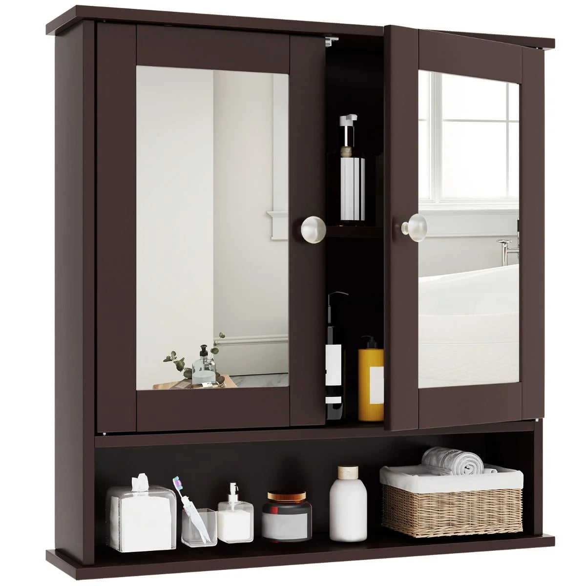 Double Door Wall Mounted Storage Cupboard with Adjustable Shelf and Compartment