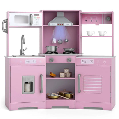 Wooden Pretend Play Kitchen with Real Sounds and Lights